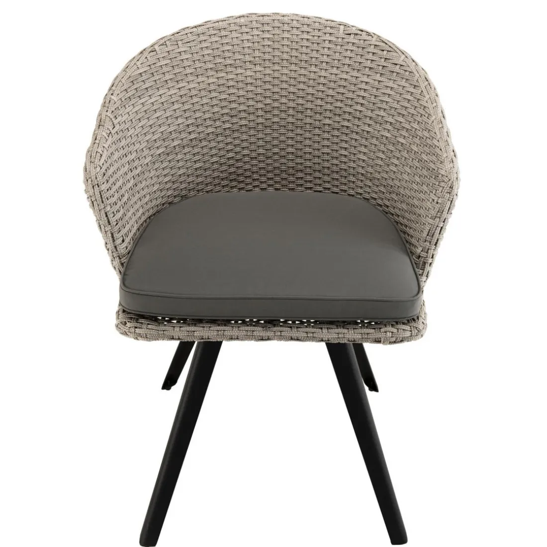 Chaise de jardin en rotin synthétique gris avec coussin gris pieds noirs en métal