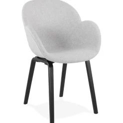 Chaise design avec accoudoirs 'SAMY' en tissu gris clair et pieds en bois noir