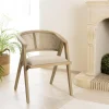 Chaise en bois assise tissu couleur lin dossier rotin naturel PIERRE