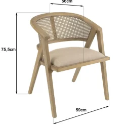 Chaise en bois assise tissu couleur lin dossier rotin naturel PIERRE