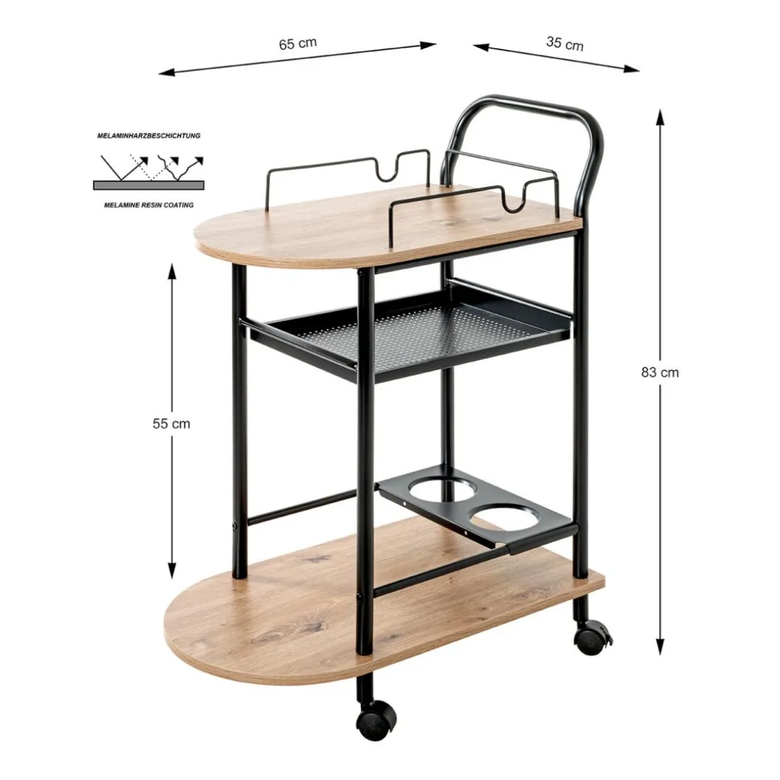 Chariot de cuisine en métal noir et étagères décor chêne clair