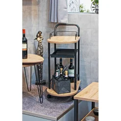Chariot de cuisine en métal noir et étagères décor chêne clair