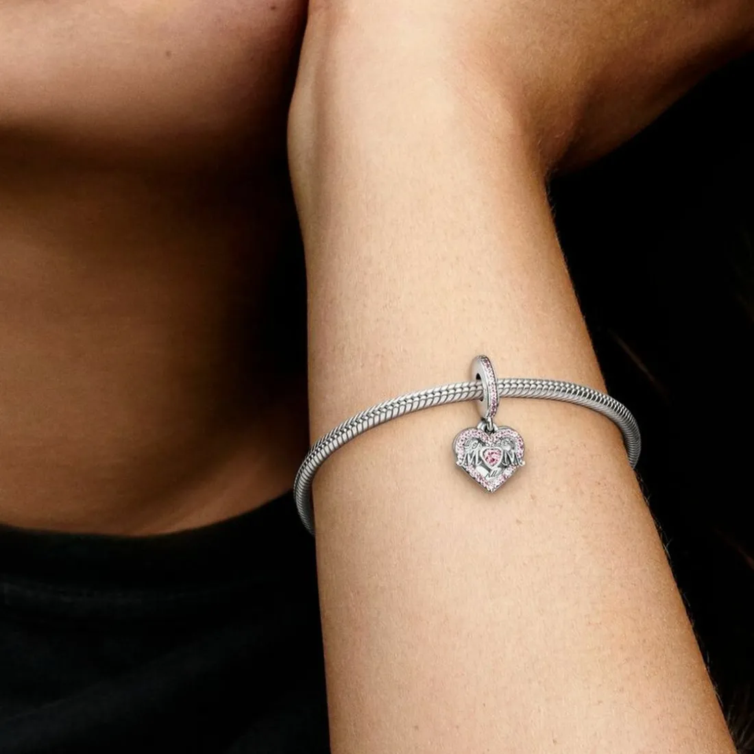 Charm Double Pendant Cœur gravé & Cœur Mum cristaux Rose Pandora Passions - Argent