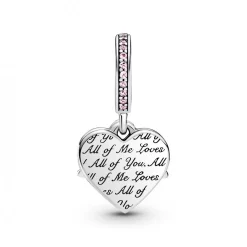 Charm Double Pendant Cœur gravé & Cœur Mum cristaux Rose Pandora Passions - Argent