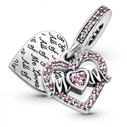 Charm Double Pendant Cœur gravé & Cœur Mum cristaux Rose Pandora Passions - Argent