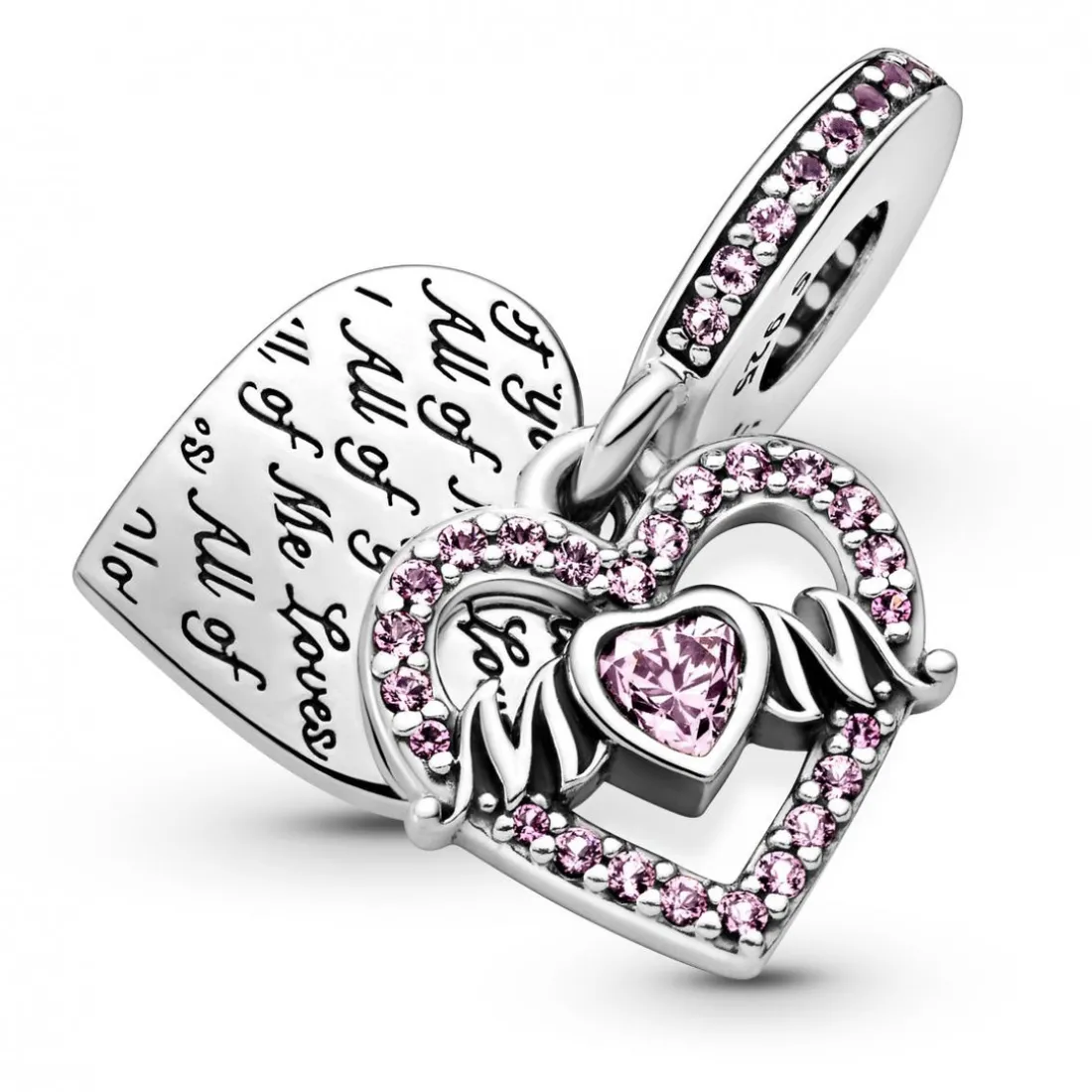 Charm Double Pendant Cœur gravé & Cœur Mum cristaux Rose Pandora Passions - Argent