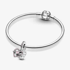 Charm Double Pendant Cœur gravé & Cœur Mum cristaux Rose Pandora Passions - Argent