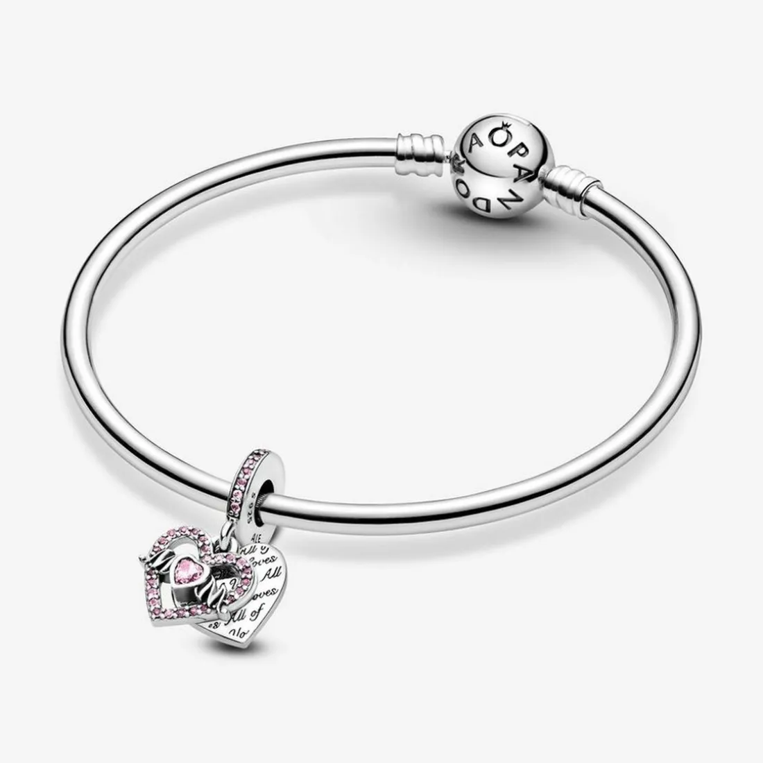 Charm Double Pendant Cœur gravé & Cœur Mum cristaux Rose Pandora Passions - Argent