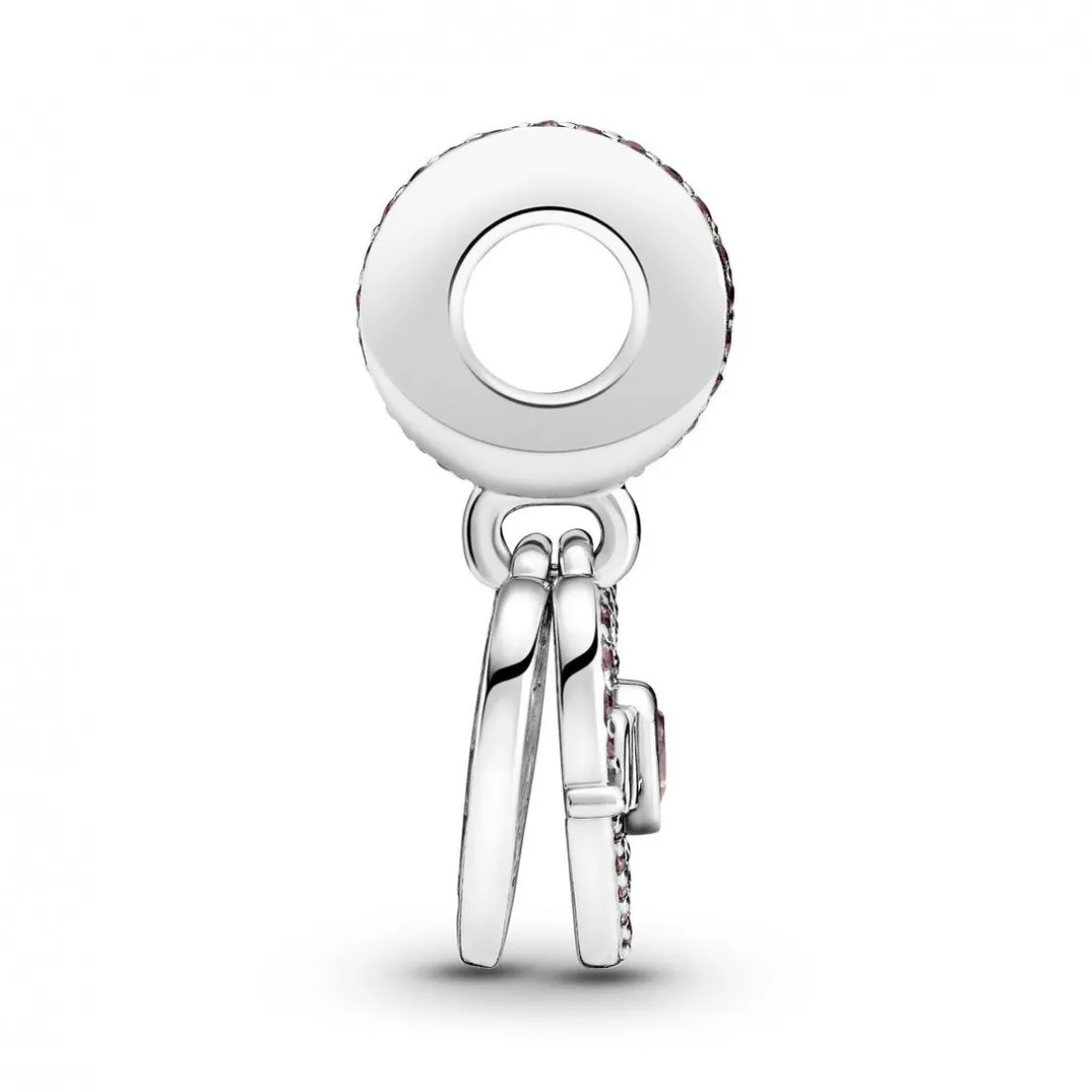 Charm Double Pendant Cœur gravé & Cœur Mum cristaux Rose Pandora Passions - Argent