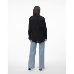 Chemise fermeture par bouton poignets boutonnés col chemise manches larges manches longues noir en lin Louise