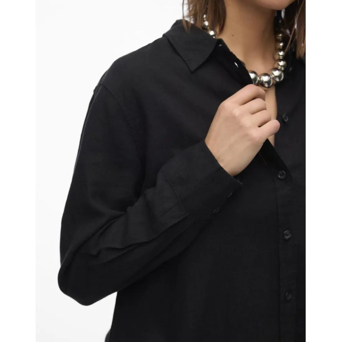 Chemise fermeture par bouton poignets boutonnés col chemise manches larges manches longues noir en lin Louise