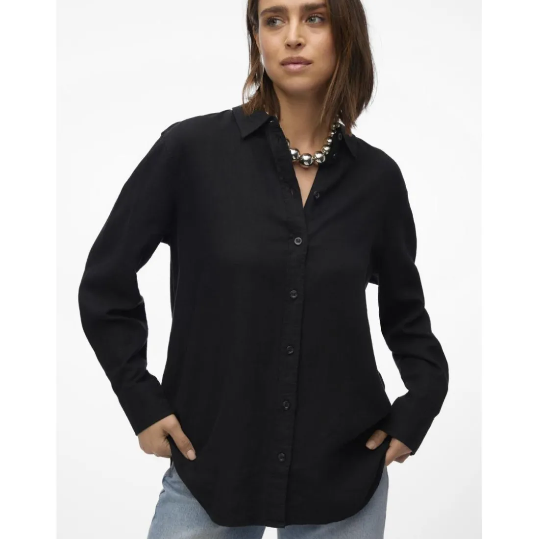 Chemise fermeture par bouton poignets boutonnés col chemise manches larges manches longues noir en lin Louise