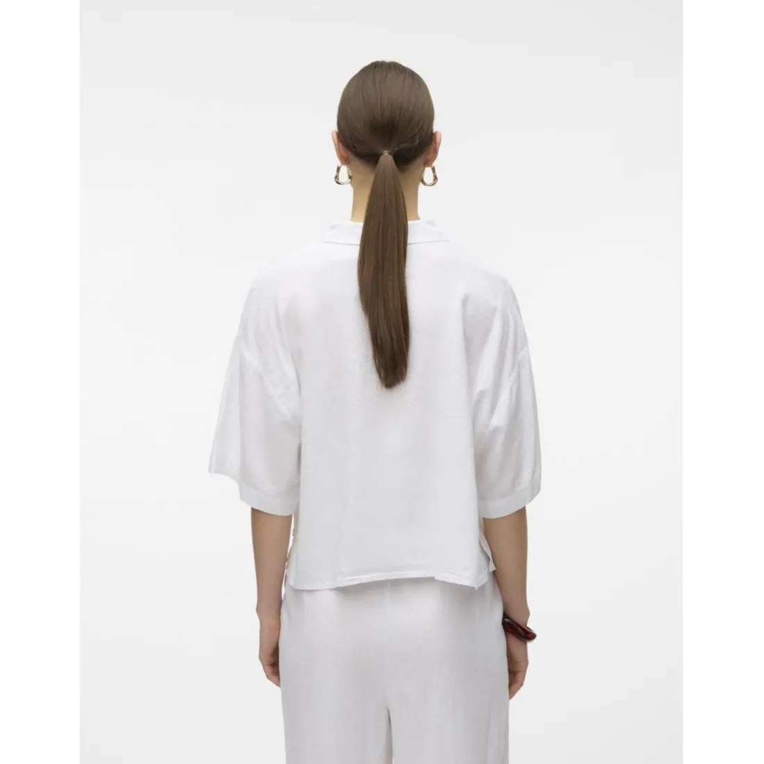 Chemise fermeture par bouton col chemise manches larges manches 2/4 blanc en lin Lise