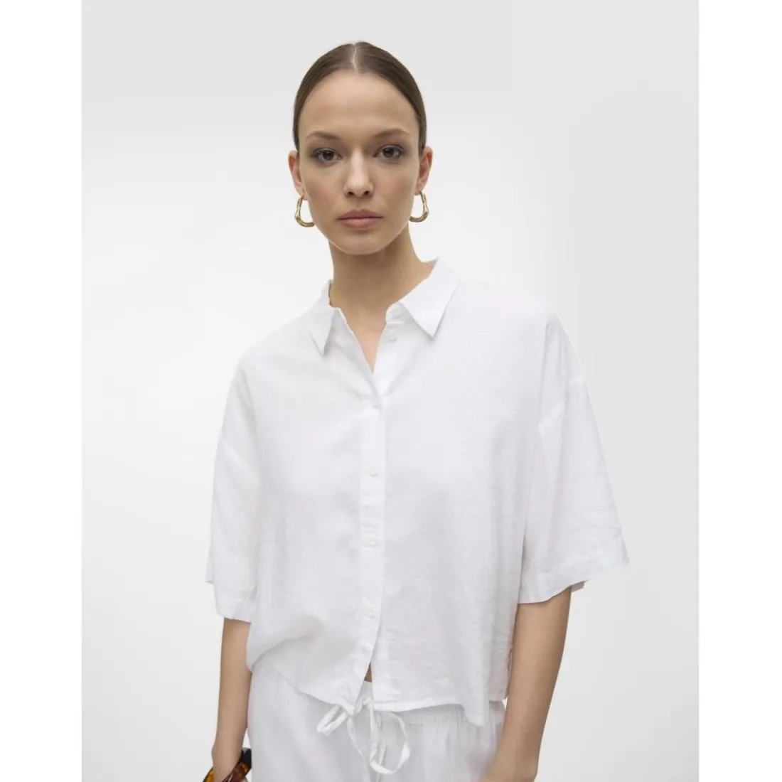 Chemise fermeture par bouton col chemise manches larges manches 2/4 blanc en lin Lise