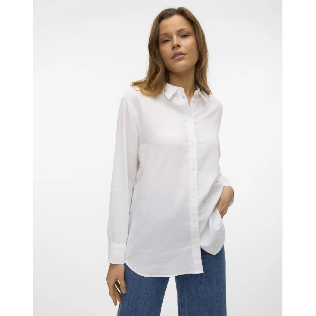 Chemise fermeture par bouton poignets boutonnés col chemise manches larges manches longues blanc en lin Eve