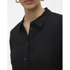 Chemise fermeture par bouton col chemise manches larges manches 2/4 noir en lin Opal