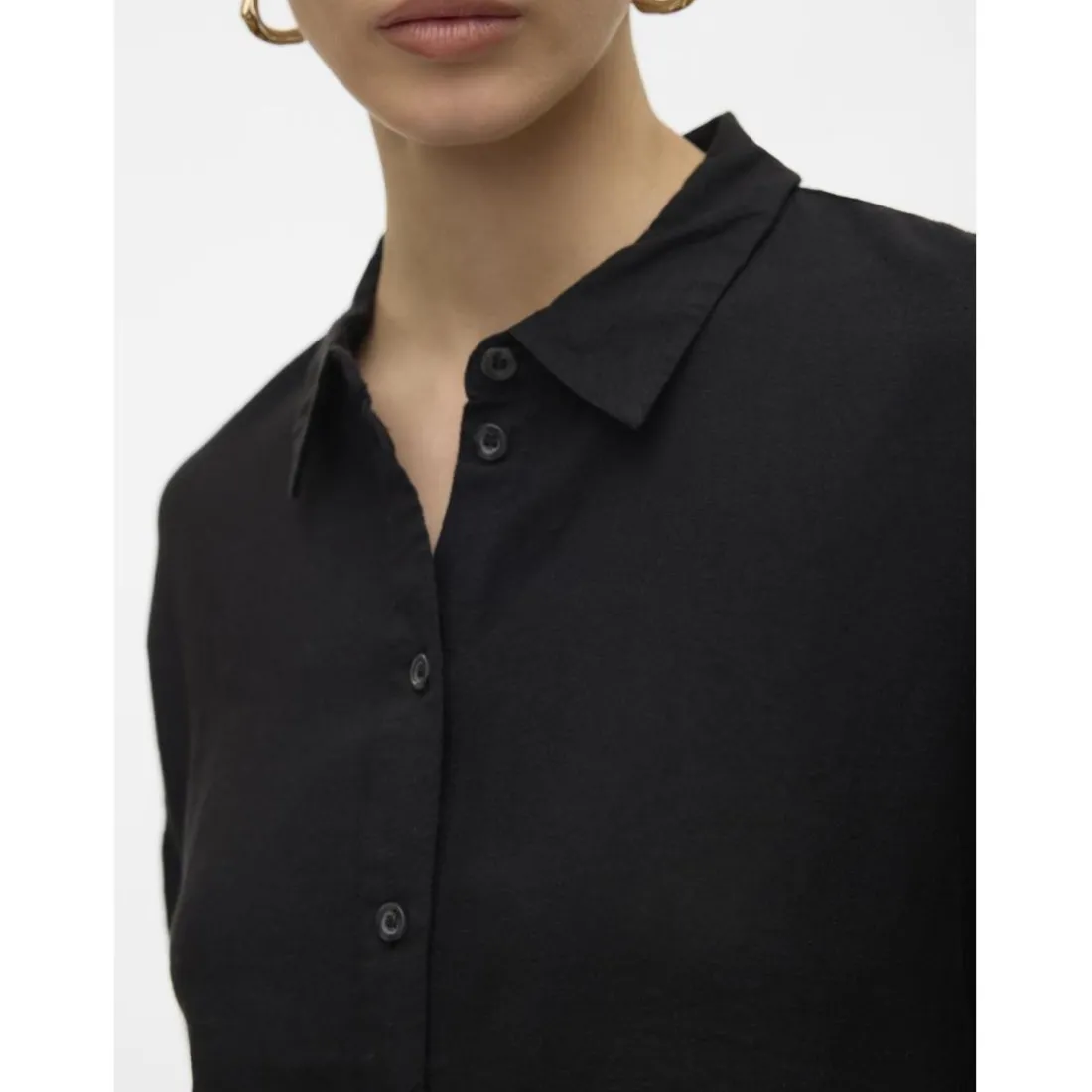 Chemise fermeture par bouton col chemise manches larges manches 2/4 noir en lin Opal