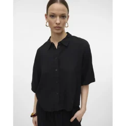 Chemise fermeture par bouton col chemise manches larges manches 2/4 noir en lin Opal