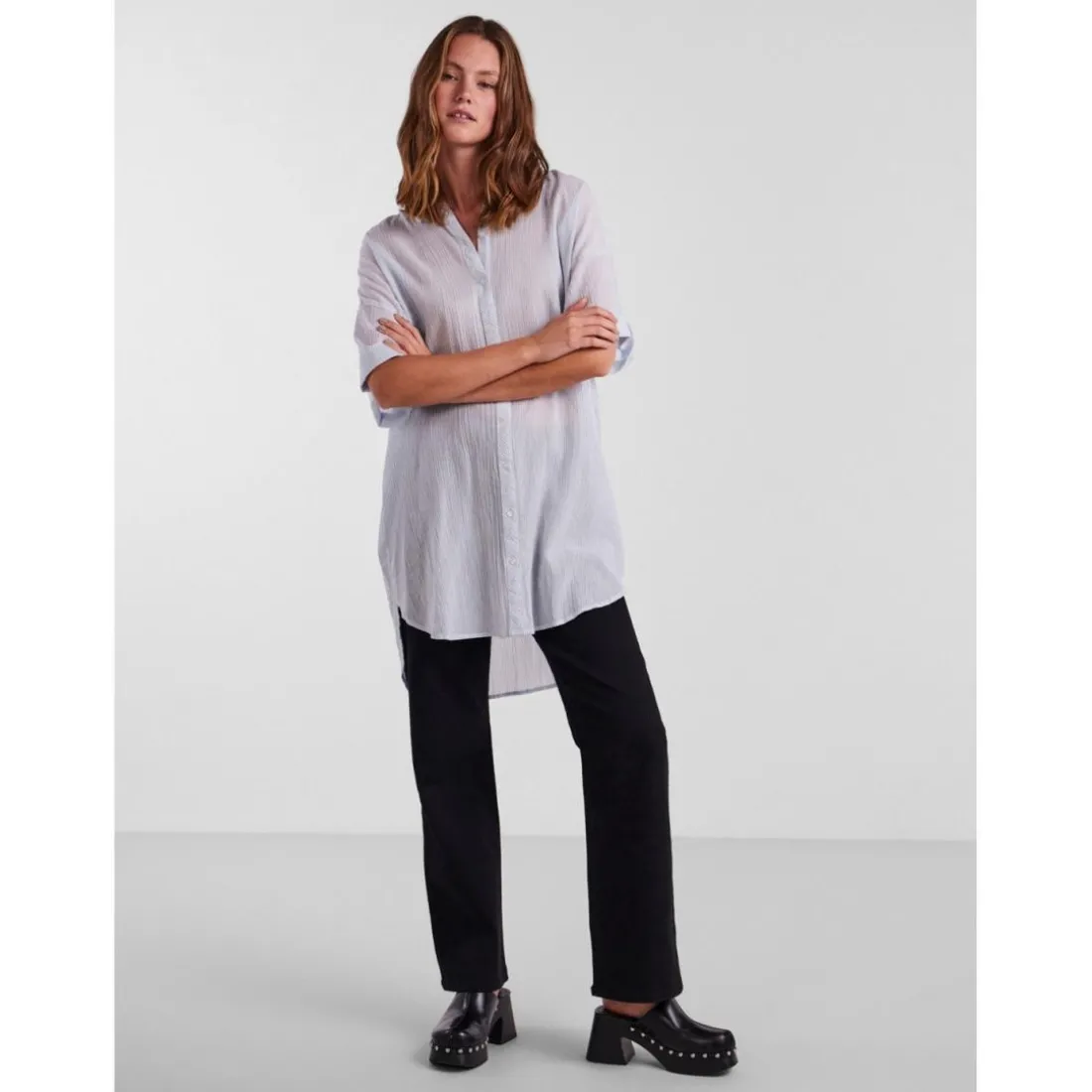 Chemise rayée épaules tombantes manches 2/4 bleu en coton