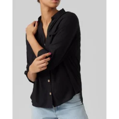 Chemise Regular Fit Col chemise Manches longues Longueur regular noir en viscose Yas