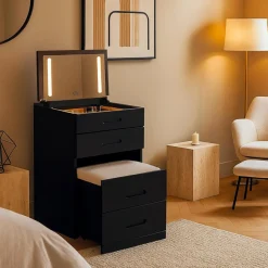 Coiffeuse compacte avec miroir LED, tiroir et pouf intégré Germina XL Noir