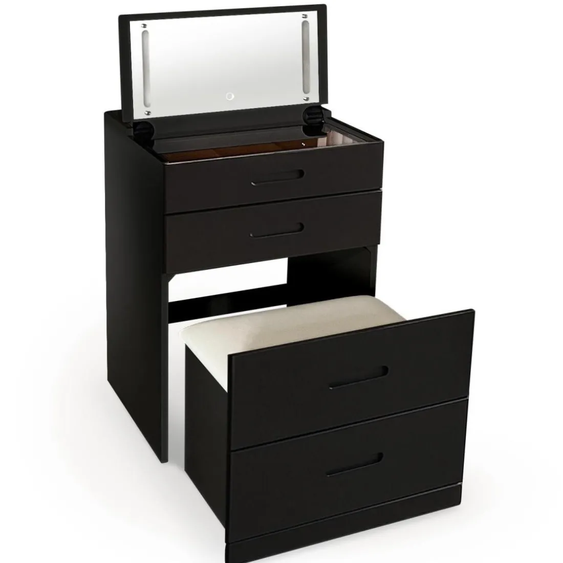 Coiffeuse compacte avec miroir LED, tiroir et pouf intégré Germina XL Noir