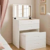 Coiffeuse compacte avec miroir LED, tiroir et pouf intégré Germina XL Blanc