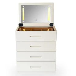 Coiffeuse compacte avec miroir LED, tiroir et pouf intégré Germina XL Blanc