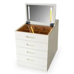 Coiffeuse compacte avec miroir LED, tiroir et pouf intégré Germina XL Blanc