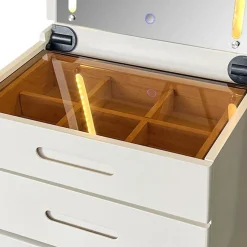 Coiffeuse compacte avec miroir LED, tiroir et pouf intégré Germina XL Blanc