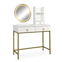 Coiffeuse moderne avec miroir rond lumineux Oracle Blanc et Or