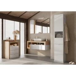 Colonne de rangement salle de bain Bari pivotant 2 Portes 1 niche coloris Blanc laqué brillant