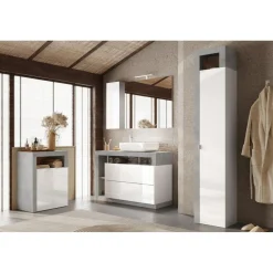Colonne de rangement salle de bain 1 Porte 5 étagères effet béton façade blanc L35xH188 cm