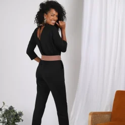 Combinaison manches 3/4 taille élastique dos en V femme - Noir