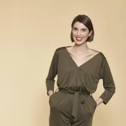 Combinaison manches 3/4 taille élastique dos en V femme - kaki foncé
