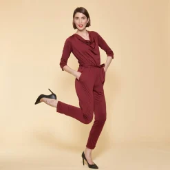 Combinaison manches 3/4 taille élastique dos en V femme - Rouge Grenat