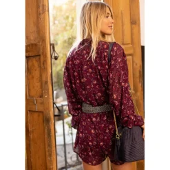 Combishort imprimé manches longues femme - imprimé prune violet