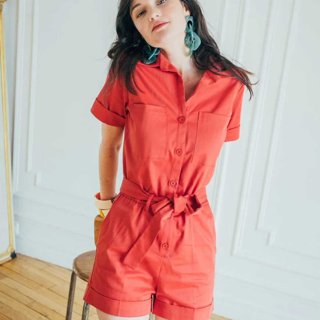 Combishort saharienne Camelia Réédition terracotta en coton