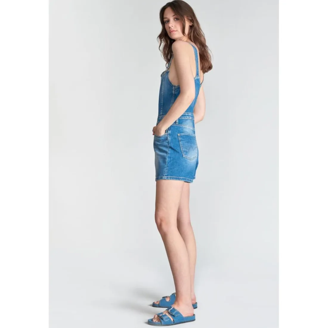 Combishort salopette en jeans SOFIA bleu Fleur