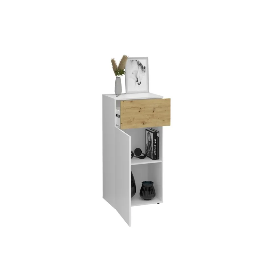 Commode 1 porte 1 tiroir BELM 2 blanc et naturel