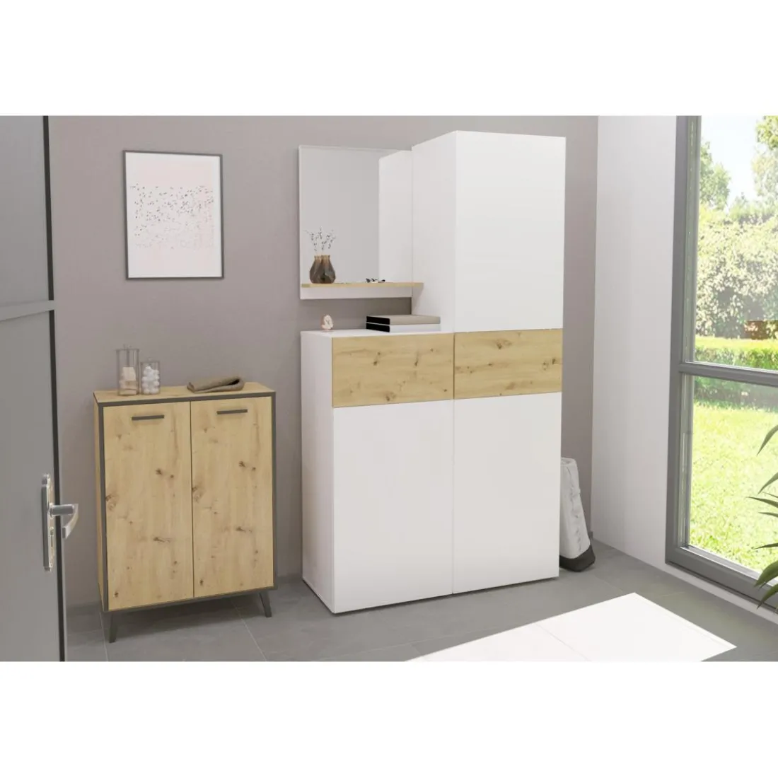 Commode 1 porte 1 tiroir BELM 6 blanc et naturel