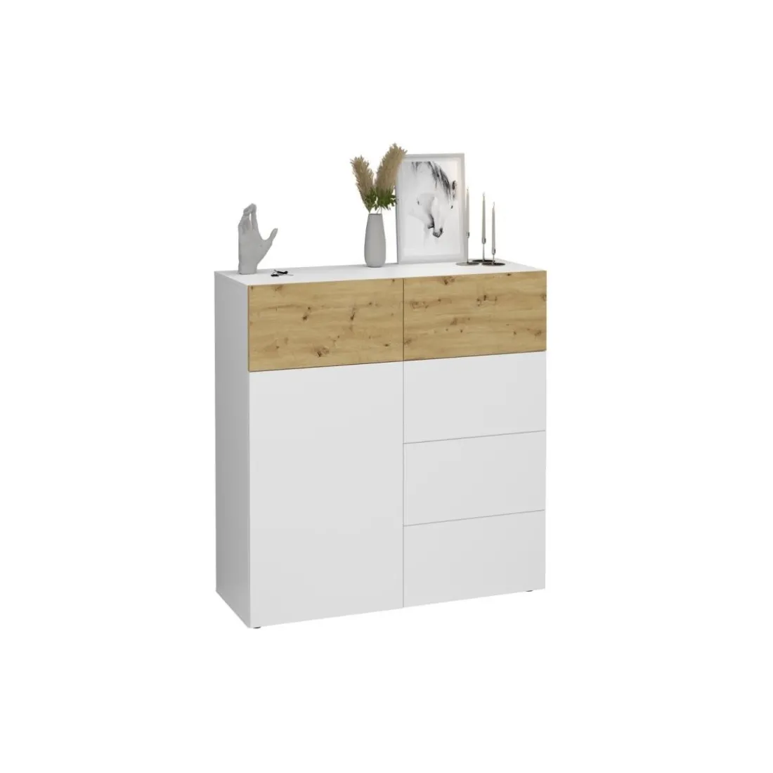 Commode 1 porte 5 tiroirs BELM 1 blanc et naturel