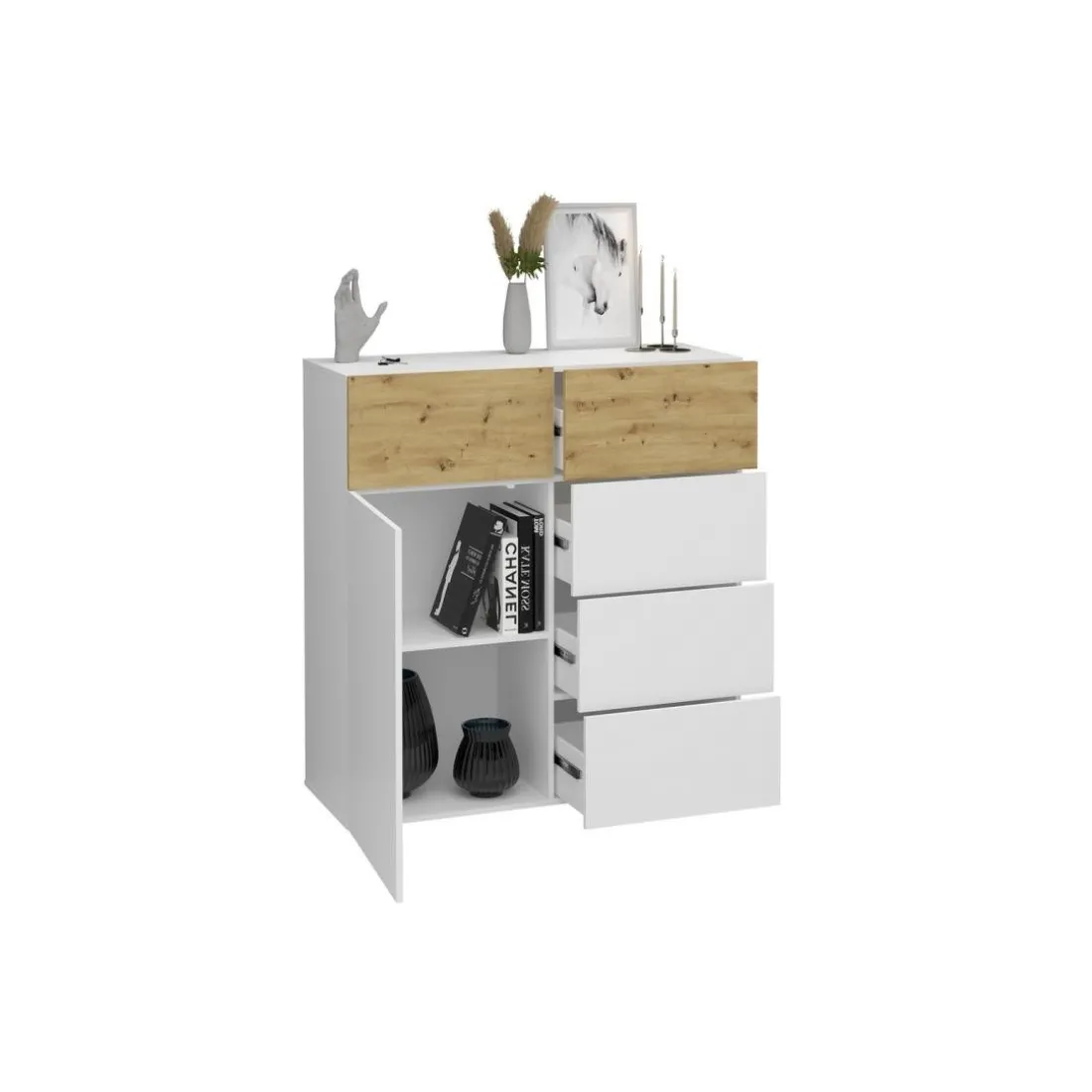 Commode 1 porte 5 tiroirs BELM 1 blanc et naturel
