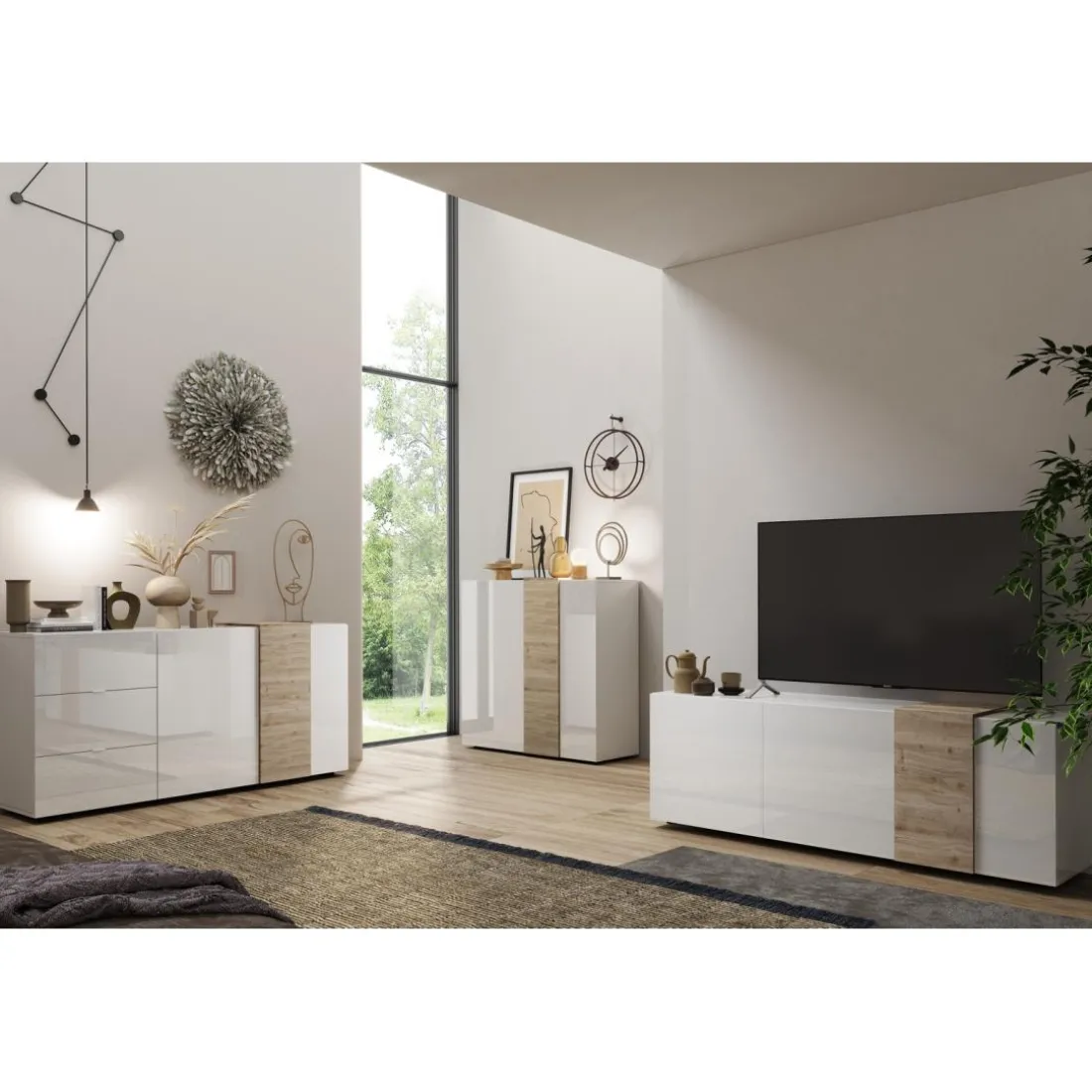 Commode 2 portes Blanc lacqué brillant chene