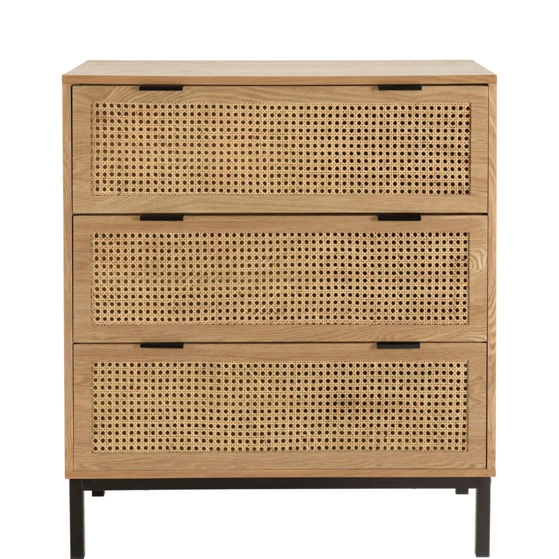 Commode 3 tiroirs cannage naturel pieds métal noir MARCEAU