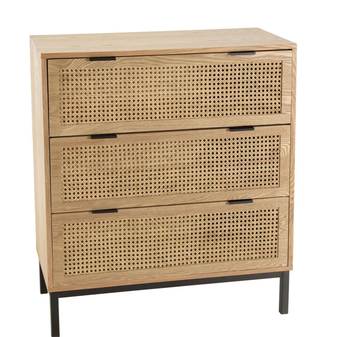 Commode 3 tiroirs cannage naturel pieds métal noir MARCEAU