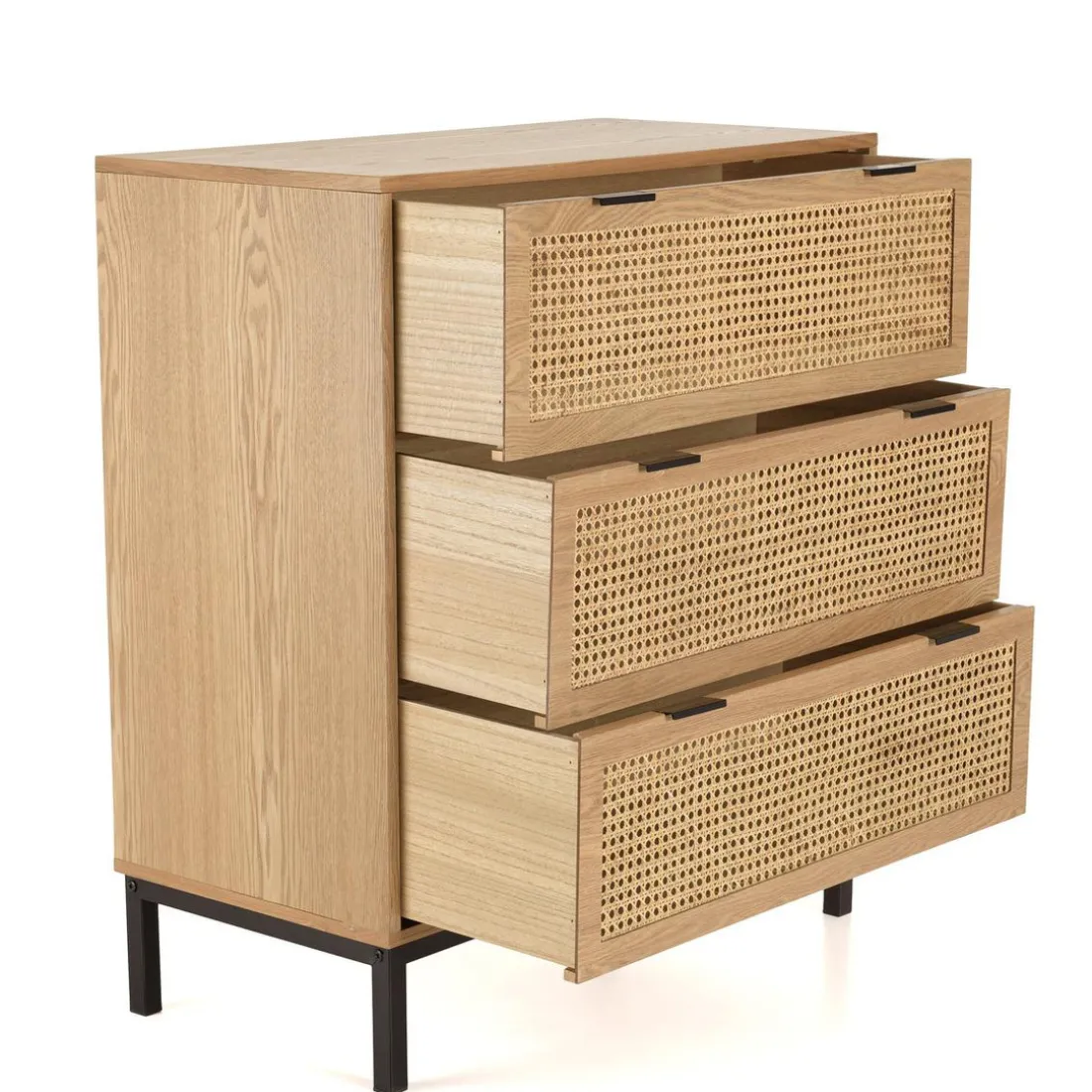 Commode 3 tiroirs cannage naturel pieds métal noir MARCEAU