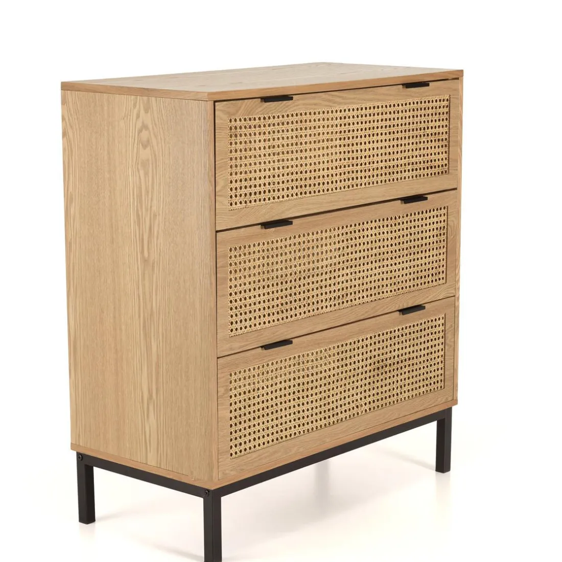 Commode 3 tiroirs cannage naturel pieds métal noir MARCEAU