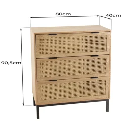 Commode 3 tiroirs cannage naturel pieds métal noir MARCEAU