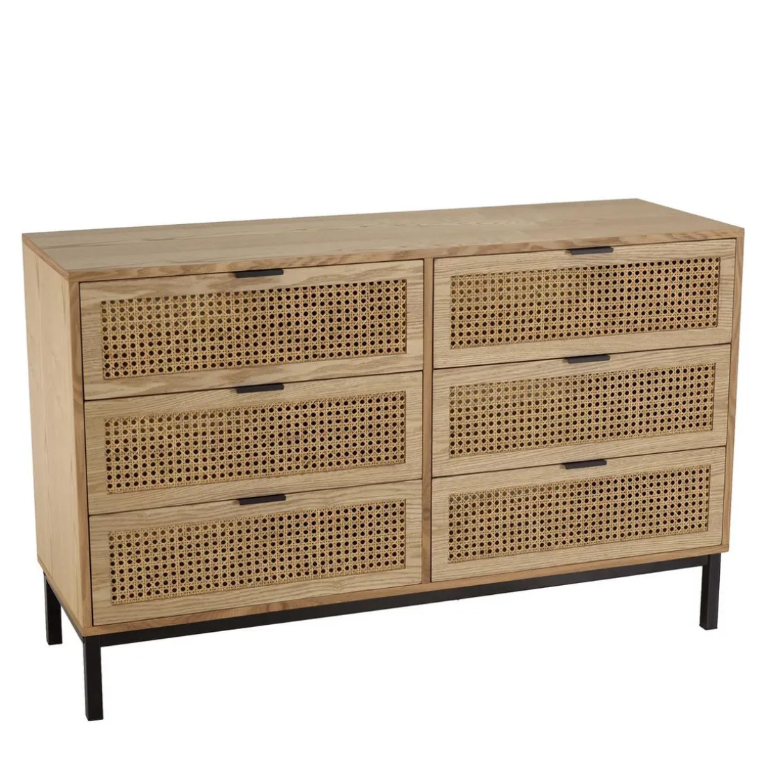 Commode 6 tiroirs cannage naturel pieds métal noir MARCEAU